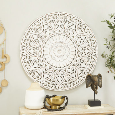 Décoration murale blanche en bois sculptée à la main avec motif mandala