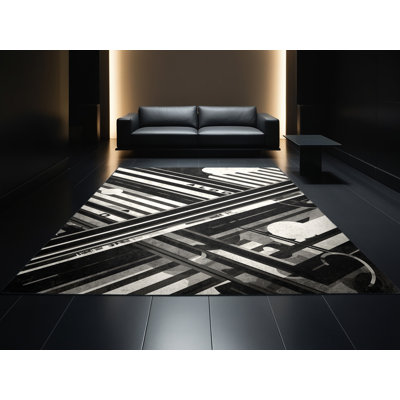 Soft Plush Elina Field Hockey Stick Ball Modern & Contemporary Striped Area Rug in Black – Black Binding