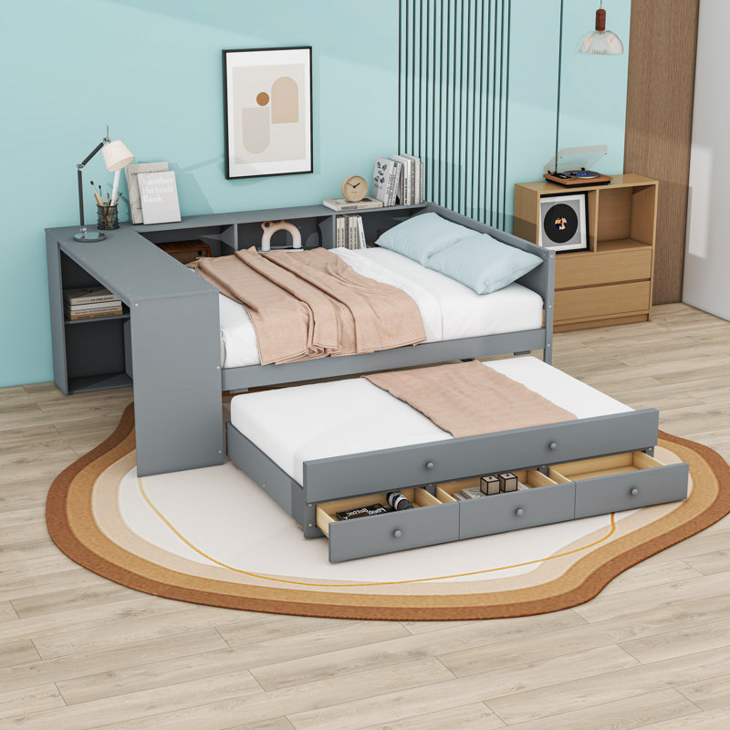 Lit de jour en bois avec tablettes et bureau et 2 tiroirs, Gris, Complet/Double