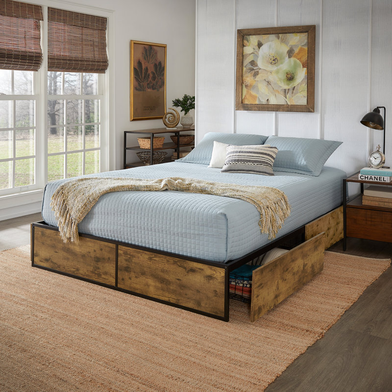 Kurato Wood Finish Panel Black Metal Platform Bed With Storage Drawers - With Wire Storage Drawers, Full