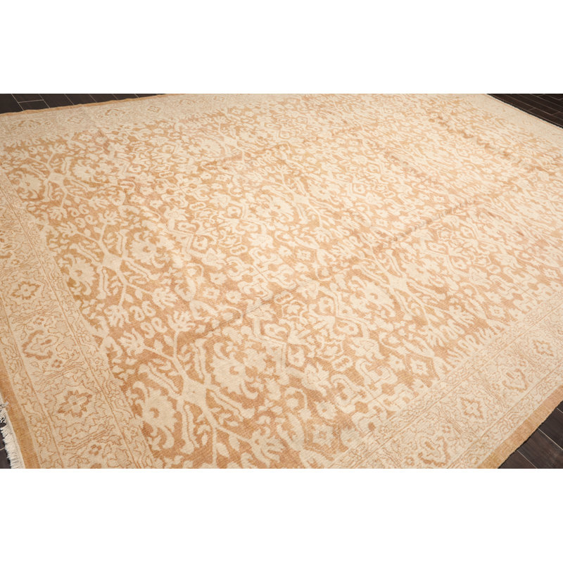 Tapis beige en laine noué à la main de conception unique 10 pi x 14 pi