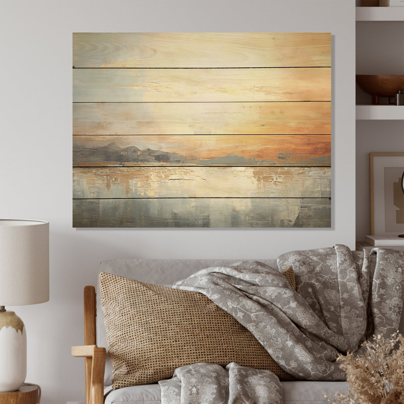 Minimalisme, coucher de soleil beige et doré - Coucher de soleil sur bois de pin naturel, H 10 po x l 20 po