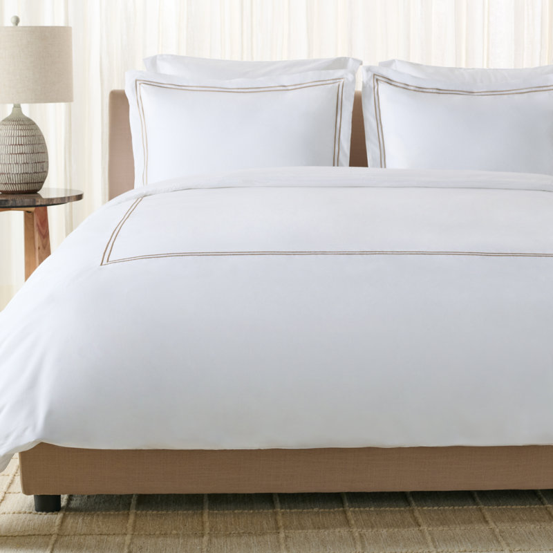 2-Line Embroidered Hotel Duvet Cover 3 Piece, Golden Taupe/White, Queen Duvet Cover + 2 Standard Pillow Shams