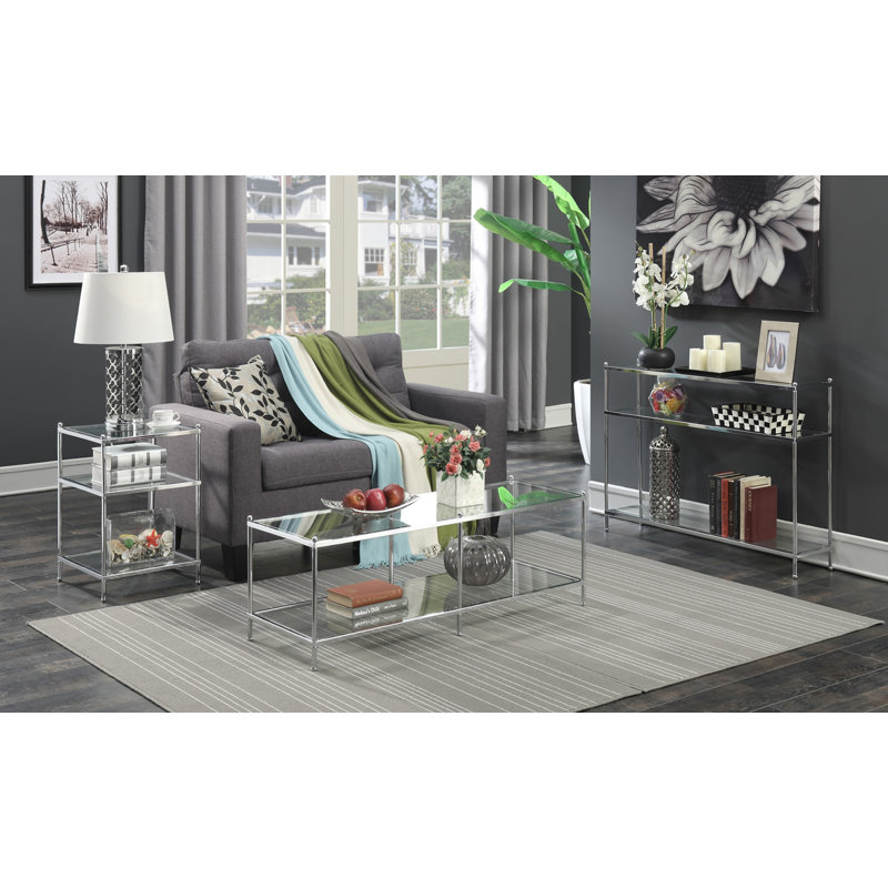 Carolina Console Table with Shelves, Silver/Clear, 30" H x 42" W x 9.5" D