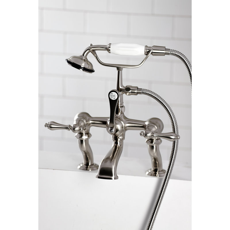 Kingston Brass Vintage Three-Handle 2-Hole Deck Mount Clawfoot Tub Faucet with Hand Shower, Polished Chrome