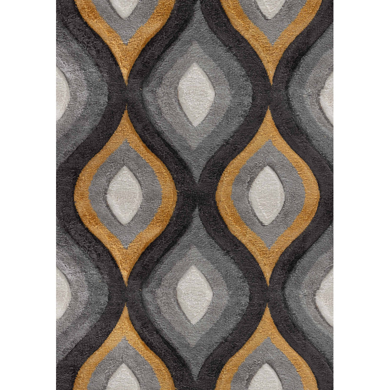 Arnhild Modern Soft Curved Diamonds Design Shaggy Gold/Grey Rug, Rectangle 60 x 110cm