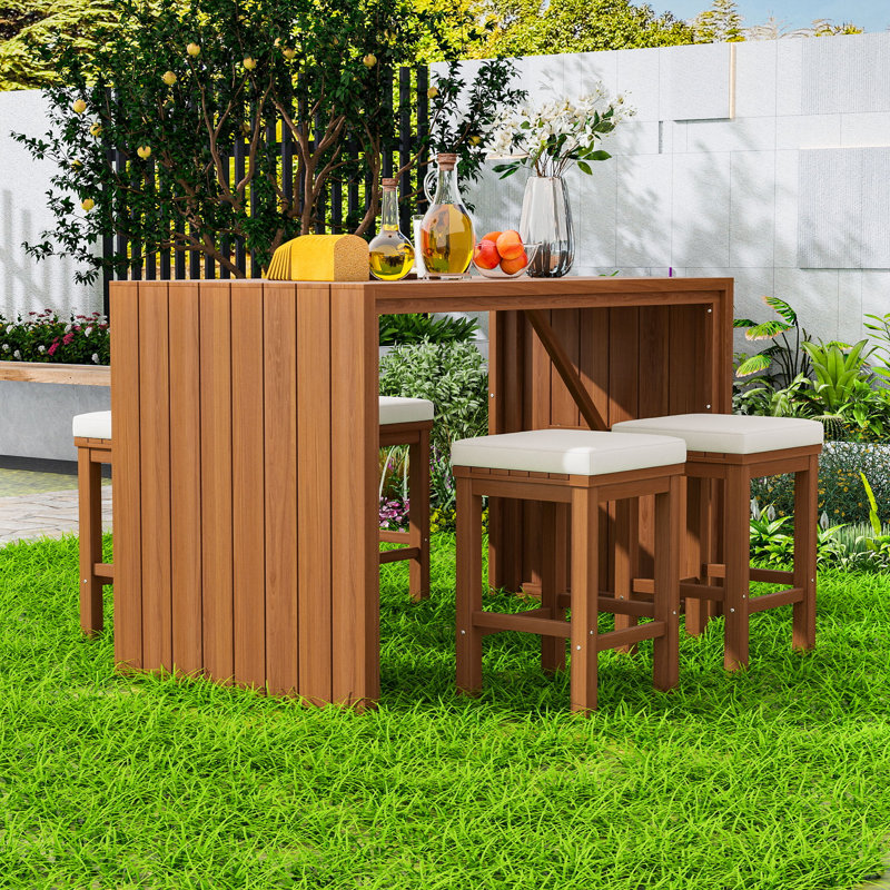 Table de salle à manger 5 pièces pour l'extérieur avec table en bois et 4 tabourets rembourrés