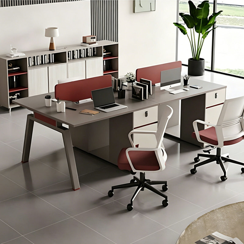 Modern Industrial Office Desk with Privacy Screen and Integrated Storage Cabinet, 30" H x 142" W x 47" D