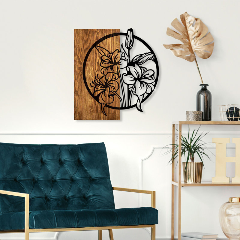 Elegant Decorative Wooden Wall Accessory, Walnut & Black, 20.9 x 22.4 inches | 100% Real Wood (Thickness: 1.2 inches) & Metal (Thickness: 0.06 inches) | Unique Design, Perfect for Home Décor & Modern Aesthetics