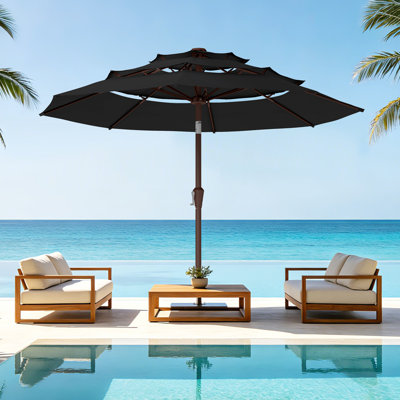 9ft 3-tier Patio Umbrella With Push Button Tilt & Crank Lift, Outdoor Market Umbrella For Garden Deck Backyard