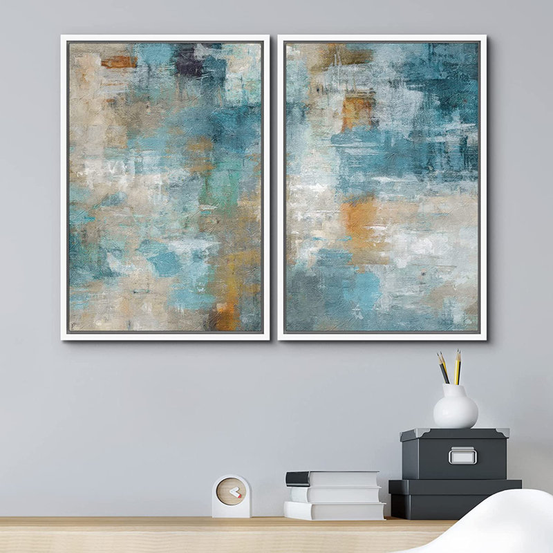 "Abstract Paint Effect", sarcelle brune, collage grunge - impression sur toile, H 24 po x l 36 po, Toile avec cadre flottant