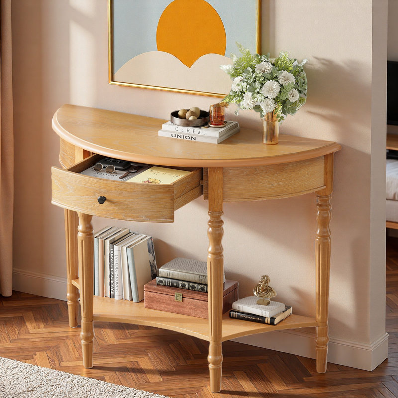 Farmhouse Half Moon Console Table With One Drawer & Storage Shelf, Natural