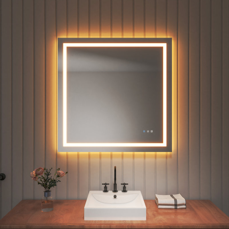 Miroir de salle de bain sans cadre à lumière DEL antibuée avec rétroéclairage et sans cadre, 36 po x 36 po