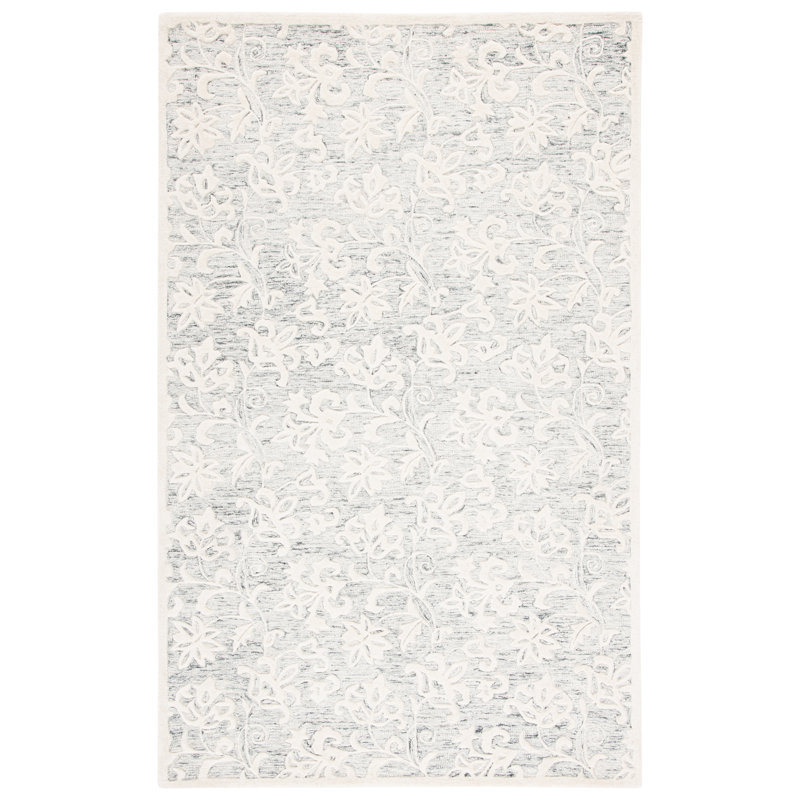 Abdouallah Floral Handmade Tufted Wool Area Rug in Grey / Ivory, Rectangle 3' x 5'