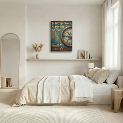Tableau mural en toile texturée avec boussole et bois, citation inspirante « Naviguez vers votre destin », idéal pour la maison, le bureau ou le salon.