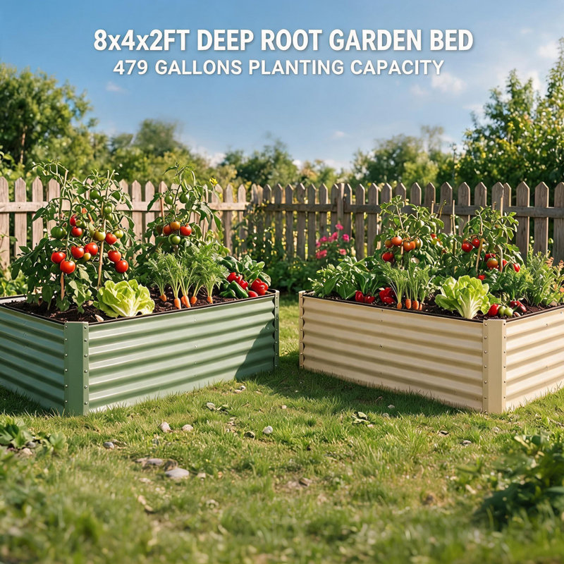 2-Pack Galvanized Steel Raised Garden Bed Planter Boxes, 8x4x2 ft - Open Bottom Metal Outdoor Planter for Vegetables, Flowers & Herbs - Beige & Green, 2 Different Colors