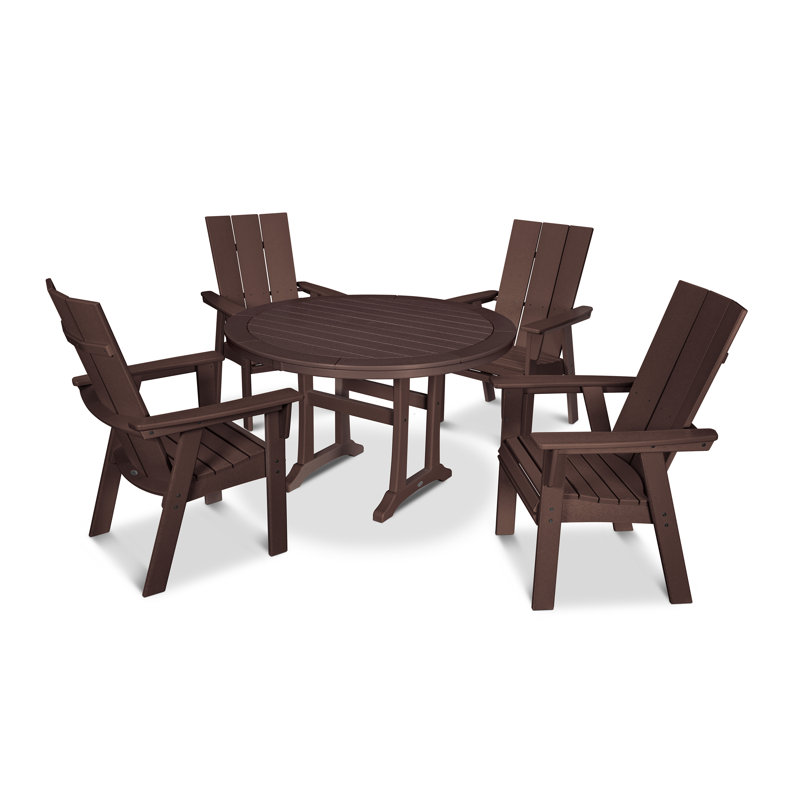 POLYWOOD Modern Curveback Adirondack 5-Piece Nautical Trestle Dining Set, Mahogany