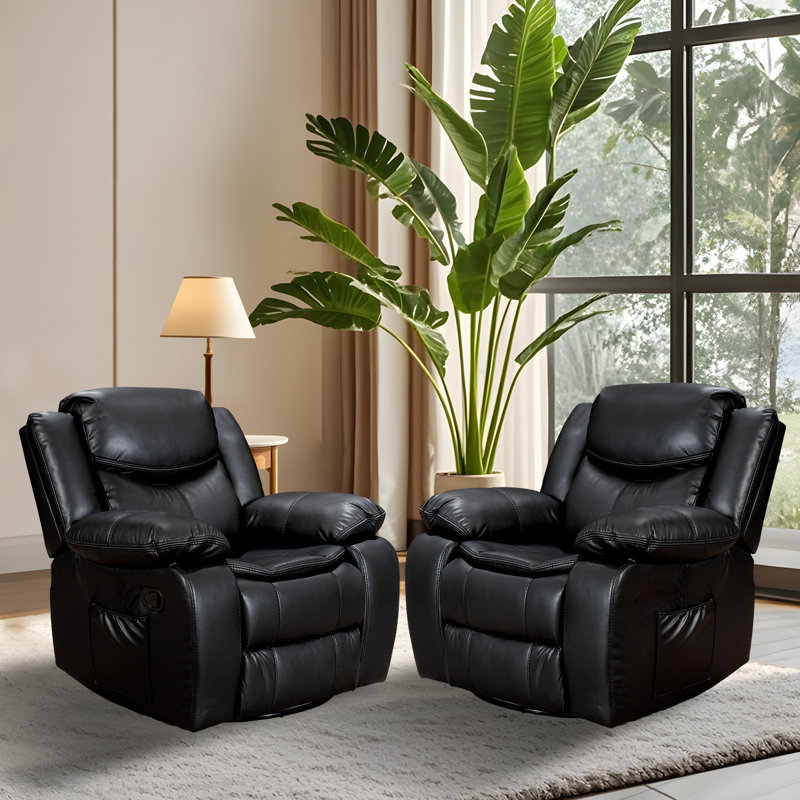 Crovetti Wide Seating Pu Leather Recliner Chair With Rocking And Swivel Set Of 2, Black