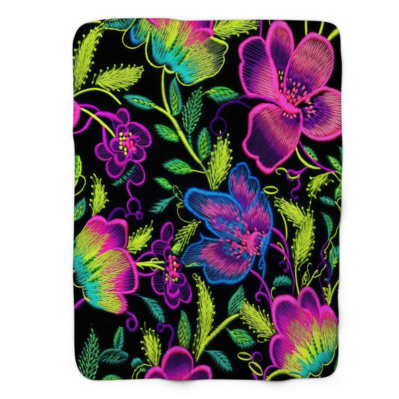 Jeté Neon Threaded Blooms - 1 pièce Sherpa Blan Premium, Lit simple