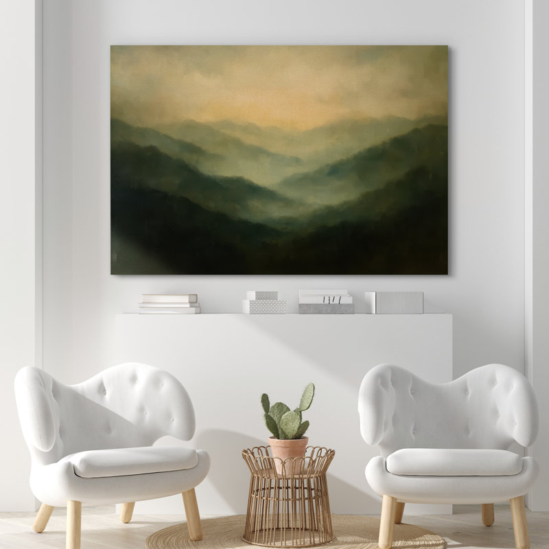 «Misty Green Mountain Range Tranquil Nature Landscape», reproduction d'art sur toile encadrée, 32" H x 48" W, Toile tendue