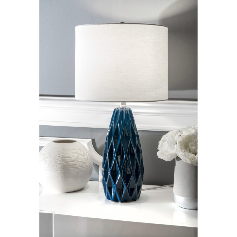 Navy Blue Ceramic Table Lamp with White Linen Shade