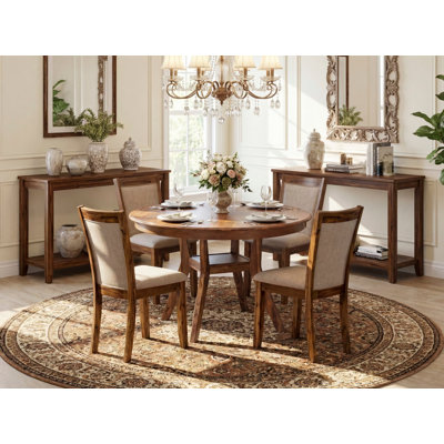 L'ensemble de salle à manger 5 pièces comprend une table de salle à manger à piédestal et 4 chaises de cuisine en tissu de lin beige clair avec dossier rembourré - finition noyer antique