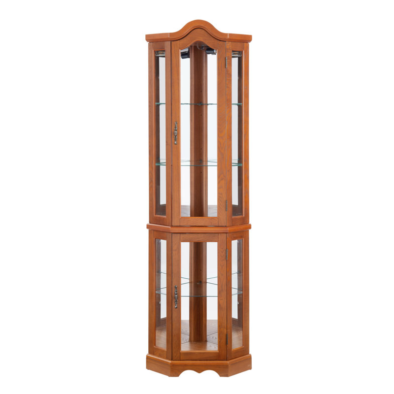 Curio Cabinet Lighted Glass Display With Tempered Glass Doors, Adjustable Shelves, And Elegant Crown For Corner Storage, Oak
