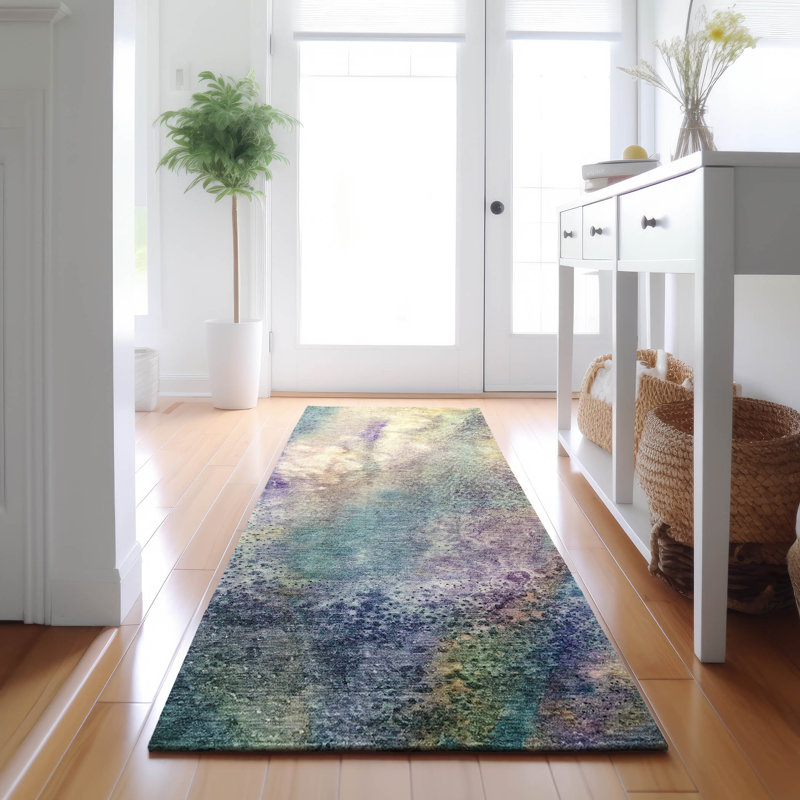 Tapis bleu Cerrito AMF505 lavable à la machine de qualité supérieure, Tapis de couloir 2 pi 3 po x 7 pi 6 po