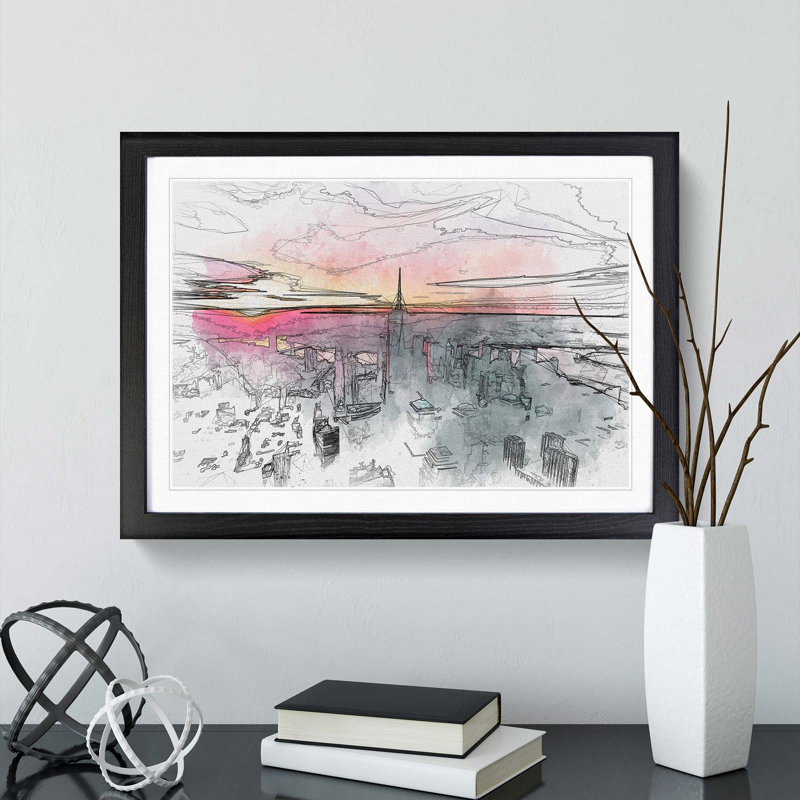 Sunset over New York City in Abstract - Picture Frame Graphic Art Print, 62cm H x 87cm W x 2cm D, Black Framed