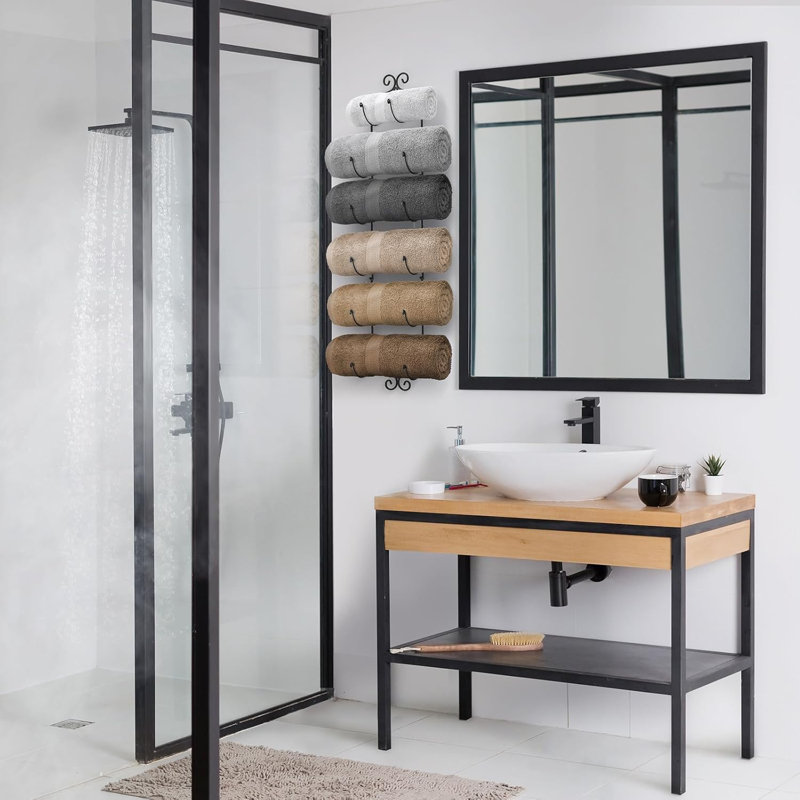 Porte-serviettes mural et porte-bouteilles de vin - Organisateur de salle de bain à 6 niveaux pour serviettes roulées, débarbouillettes, spa, gymnase, véhicule récréatif - Support à vin de cuisine multifonctionnel pour bar ou cave