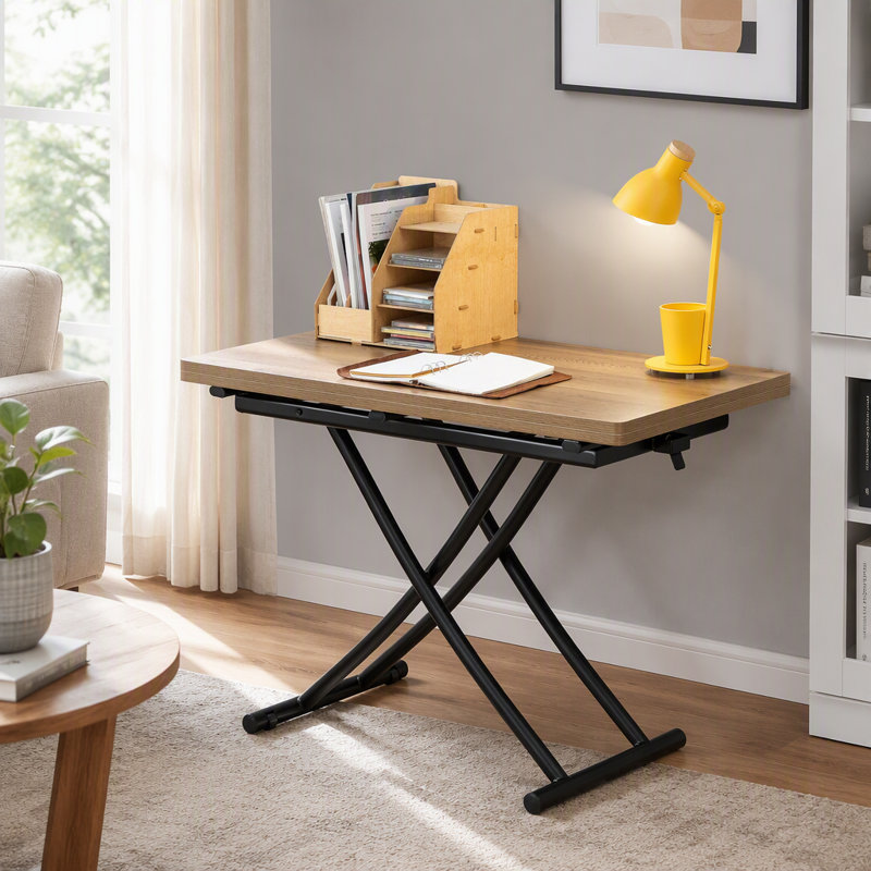 Table relevable multifonctionnelle minimaliste et moderne avec plateau en MDF de 2 cm d'épaisseur et pieds en métal, pouvant servir de coiffeuse, table basse, table à manger ou table de bureau.