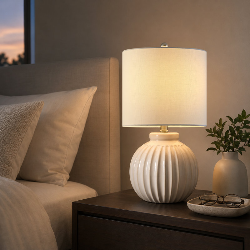 18in Ivory Ceramic Table Lamp with Drum Shade