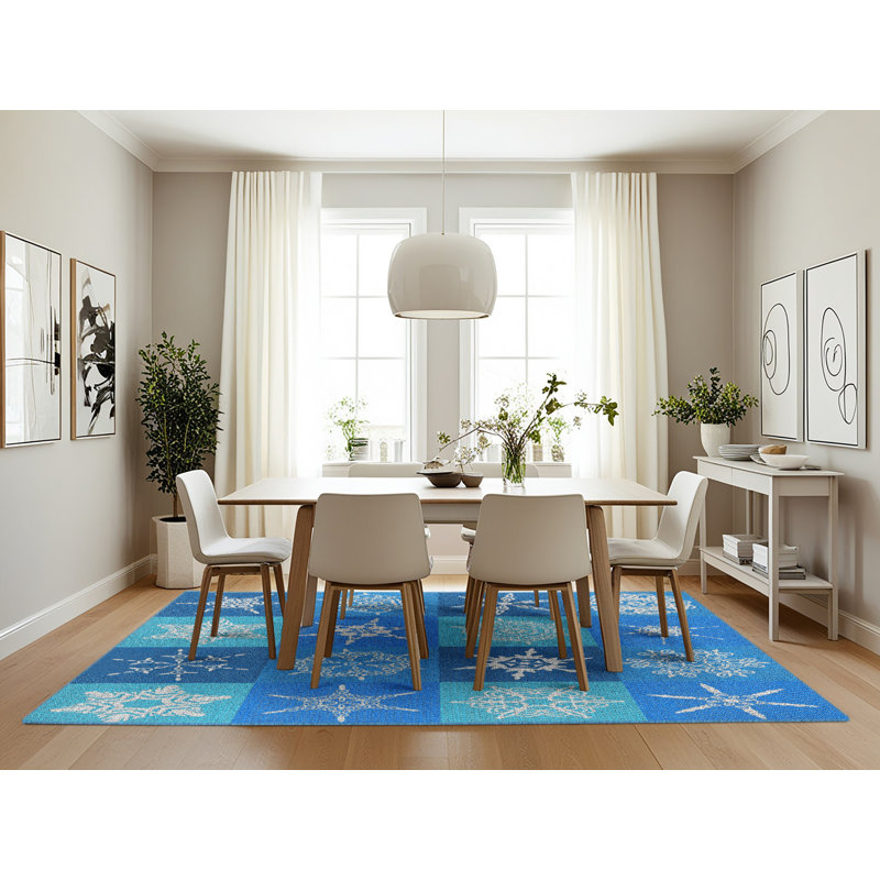 Bleu Spelman/Tapis décoratif blanc, Rectangle 7 pi x 10 pi