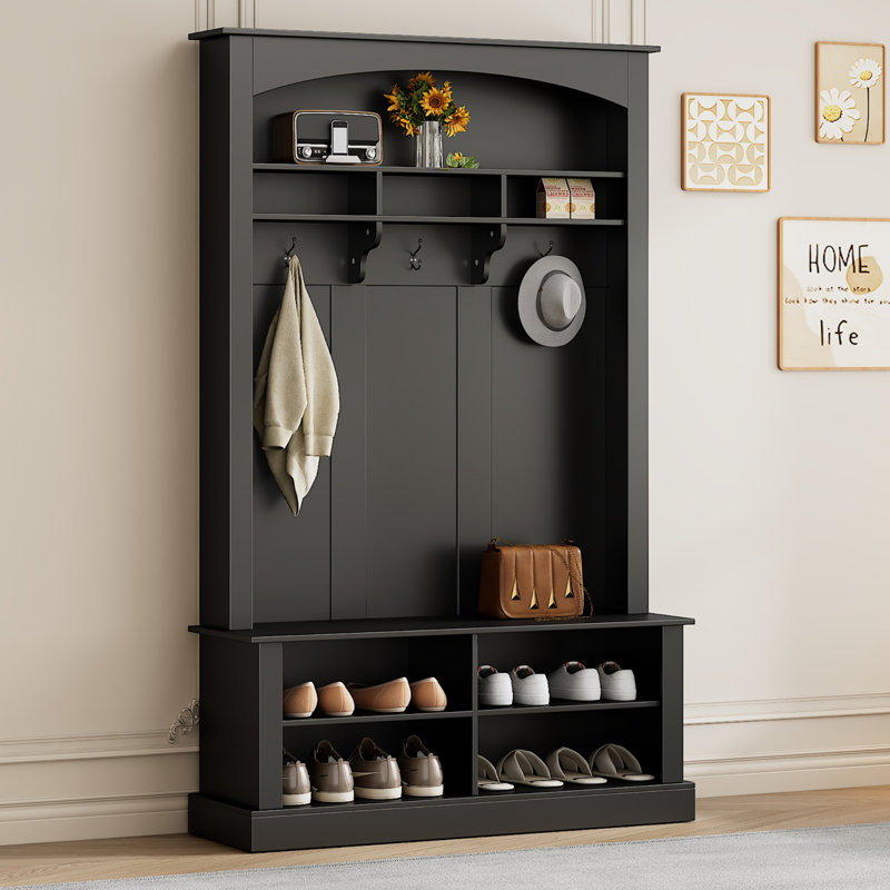 Wide Hall Tree with Bench and Shoe Storage, Multi-functional Storage, Black