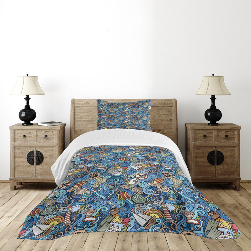 Twin White and Multicolor Quilted Bedspread Set
