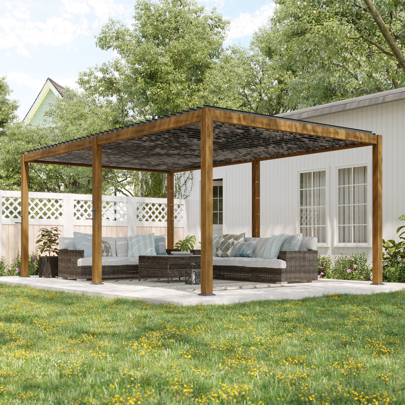 Aluminum Pergola with Adjustable Louvers for Outdoor with Rainproof Canopy, Wood Grain, 12 ft x 20 ft