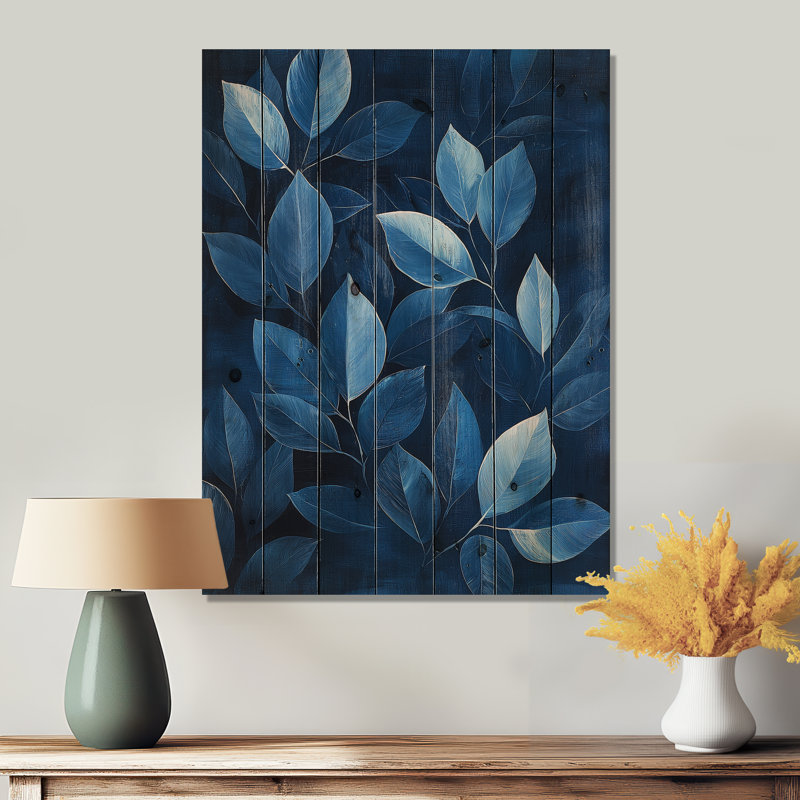 Échos de la forêt bleu marine, plancher I - impression sur bois de feuilles - sur bois de pin naturel, H 44 po x l 34 po 