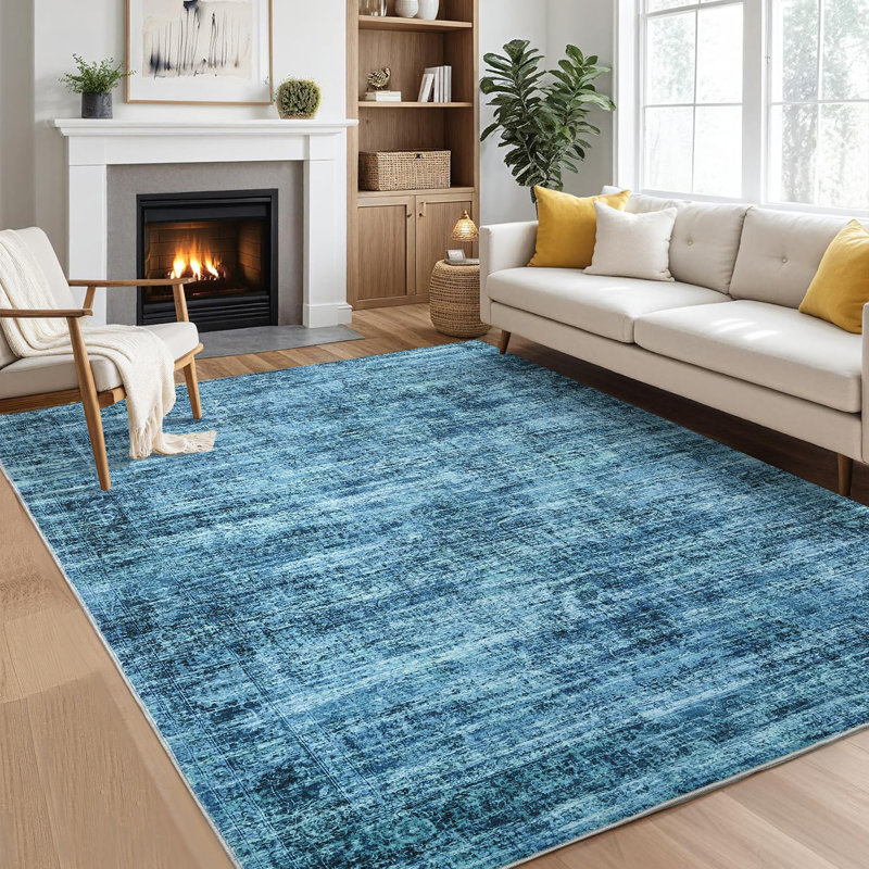 Washable Area Rug, Vintage Distressed Low Pile Non-Slip Foldable Retro Abstract Indoor Floor Carpet, Blue, 8'x10', Blue
