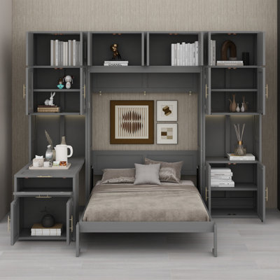Modern Wall Murphy Bed Complete with Storage Cabinets, Compact  Desk and Glass-Door Hutch , Built-In USB & Power Outlet