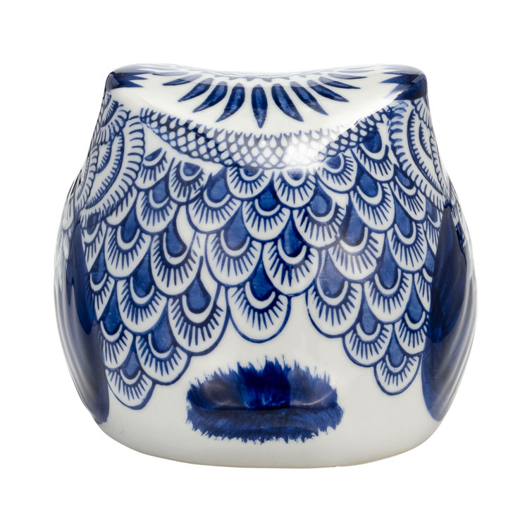 Caleta Ceramic Owl Sculpture - Contemporary Blue and White Chinoiserie Decorative Owl Figurine for Home or Office Accent - Creative Gift Idea Bungalow