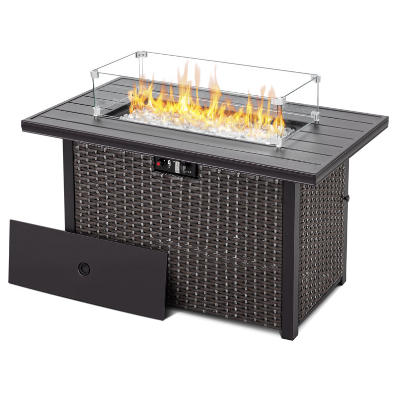 Outdoor 43-inch 50,000 BTU Propane Gas Fire Pit Table, Aluminum Tabletop and PE Rattan Weaved Iron Frame, Water-proof Oxford Cover, Glass Fire Pit Wind Guard, Glass Beads, Lid Included, Dark Brown & Coffee Color