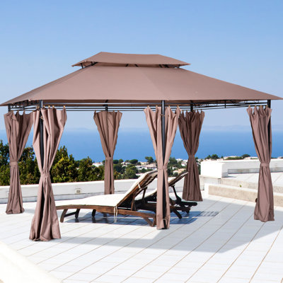Abri de jardin pour patio, abri de jardin avec auvent avec rideaux, toit ventilé, structure en acier pour le jardin, la pelouse, la cour et la terrasse