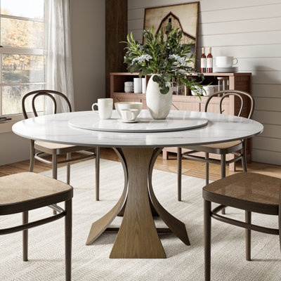 Aversa Modern Round Dining Table, Sintered Stone & Travertine Top With Lazy Susan, Farmhouse Kitchen Table For Dining Room