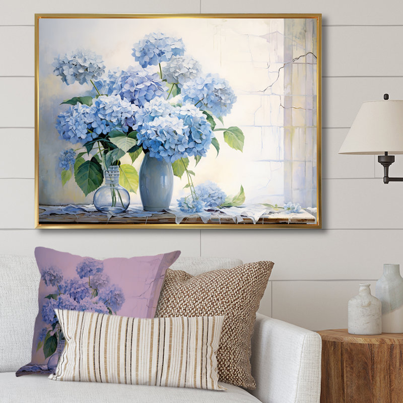 «Blue Hydrangea Farmhouse Still Life - Hydrangea», reproduction d'art sur toile, H 30 po x l 40 po x P 1,5 po