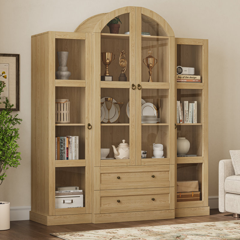 72.4'' Tall Arched Glass Display Cabinet with Adjustable Shelves and Drawers