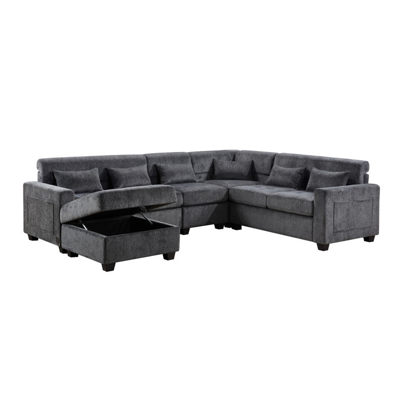 Trey 115"W Gray Chenille Sectional Sofa With Adjustable Backrest, Charging Ports, Pockets, Tufting, Storage Ottoman, Throw Pillows