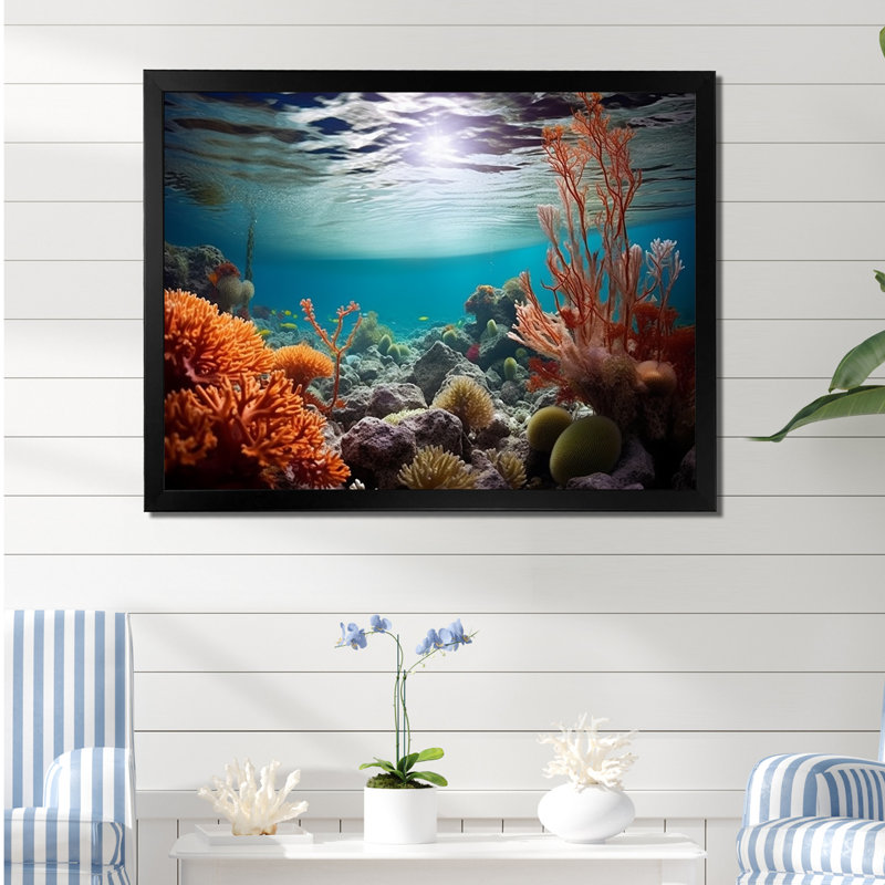 Lumière profonde sur les trésors cachés de corail - salon d'art mural plage et océan, Cadre simple noir