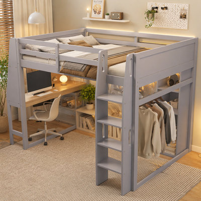 Wood Full Size Gaming Loft Bed with Desk, Multi-storage Shelves, LED and a Hanging Clothes Rack, Gray(Old SKU:N7090001042E)