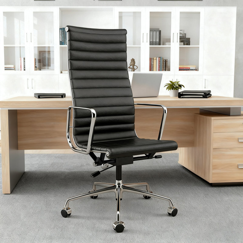 Genuine Leather Office Chair with Aluminum Frame and Base, Swivel Conference Room Chair, Black