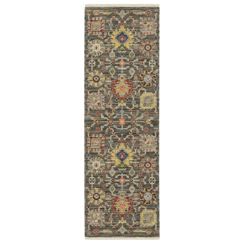 Oriental Machine Woven Gray/Pink Wool and Nylon Area Rug, Runner 2' x 6'